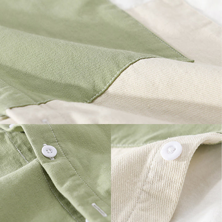 Buddha Stones Spring Stitching Contrast Color Lapel Long Sleeve Button Design Men's Cotton Linen Shirt With Pockets - image 13