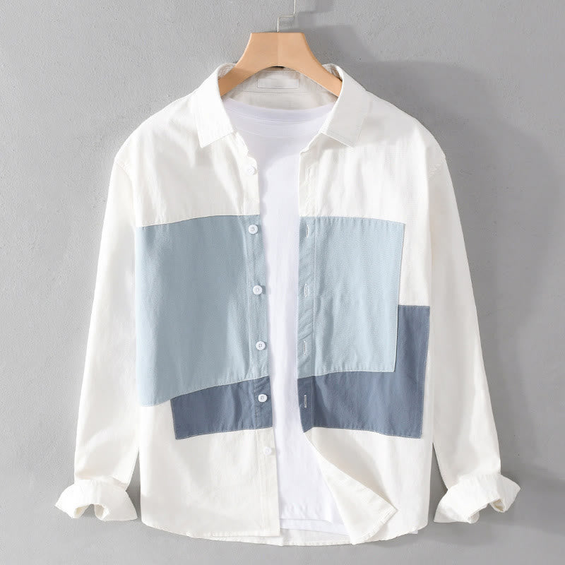 Buddha Stones Spring Stitching Contrast Color Lapel Long Sleeve Button Design Men's Cotton Linen Shirt With Pockets - LightBlue - US/UK/AU42，EU52 (3XL) - image 0