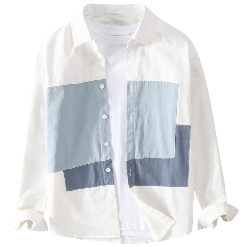 Buddha Stones Spring Stitching Contrast Color Lapel Long Sleeve Button Design Men's Cotton Linen Shirt With Pockets - image 9