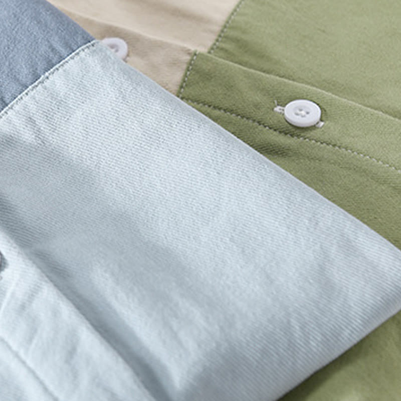 Buddha Stones Spring Stitching Contrast Color Lapel Long Sleeve Button Design Men's Cotton Linen Shirt With Pockets - image 18