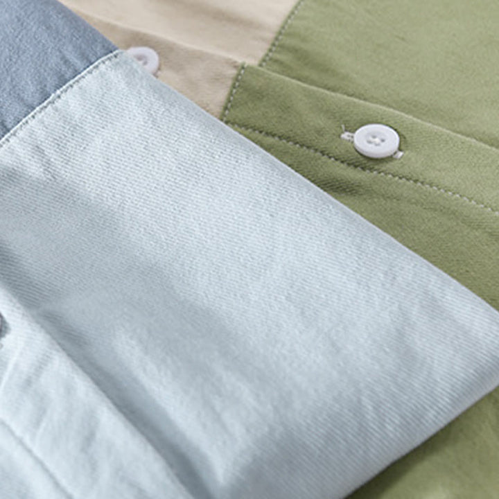 Buddha Stones Spring Stitching Contrast Color Lapel Long Sleeve Button Design Men's Cotton Linen Shirt With Pockets - image 18