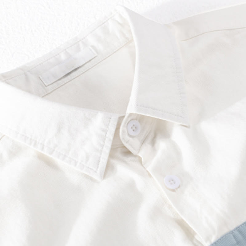 Buddha Stones Spring Stitching Contrast Color Lapel Long Sleeve Button Design Men's Cotton Linen Shirt With Pockets - image 2