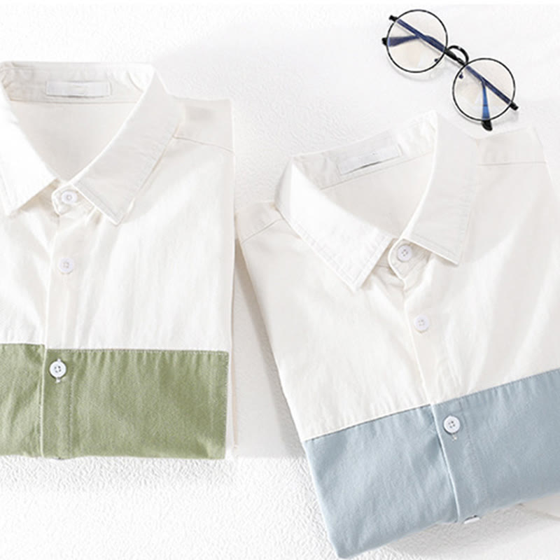 Buddha Stones Spring Stitching Contrast Color Lapel Long Sleeve Button Design Men's Cotton Linen Shirt With Pockets - image 16