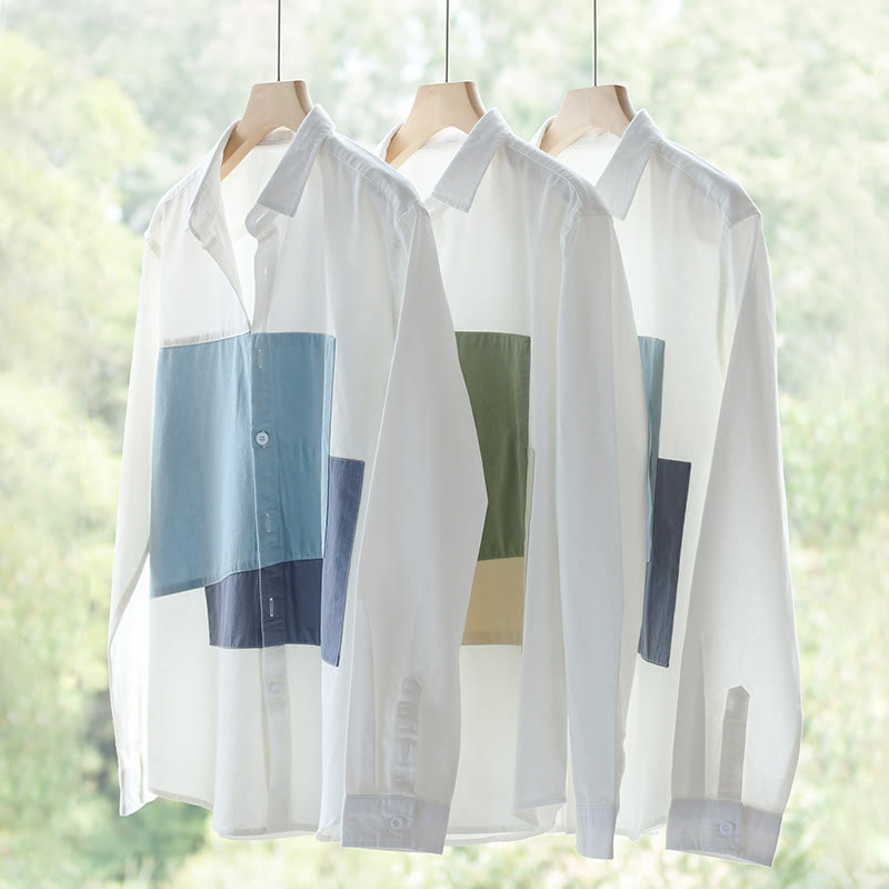 Buddha Stones Spring Stitching Contrast Color Lapel Long Sleeve Button Design Men's Cotton Linen Shirt With Pockets - image 15