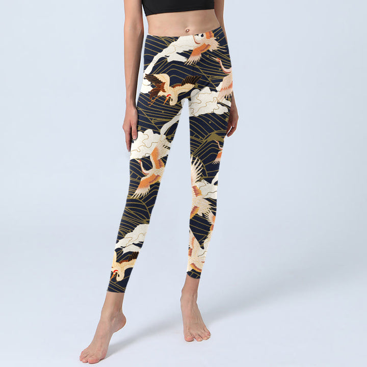Buddha Stones Red-crowned Cranes Cloud Sea Wave Pattern Print Gym Leggings Women's Yoga Pants - image 6