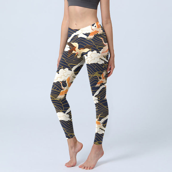 Buddha Stones Red-crowned Cranes Cloud Sea Wave Pattern Print Gym Leggings Women's Yoga Pants - Black - US18，UK/AU22，EU50 (4XL) - image 0