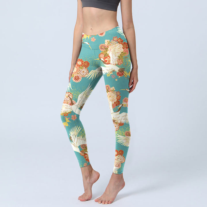 Buddha Stones Red-crowned Cranes Peony Flowers Butterfly Pattern Print Gym Leggings Women's Yoga Pants - MediumTurquoise - US18，UK/AU22，EU50 (4XL) - image 0