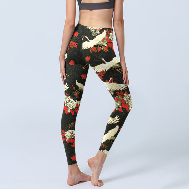 Buddha Stones Red-crowned Cranes Peony Flowers Pattern Print Gym Leggings Women's Yoga Pants - image 4