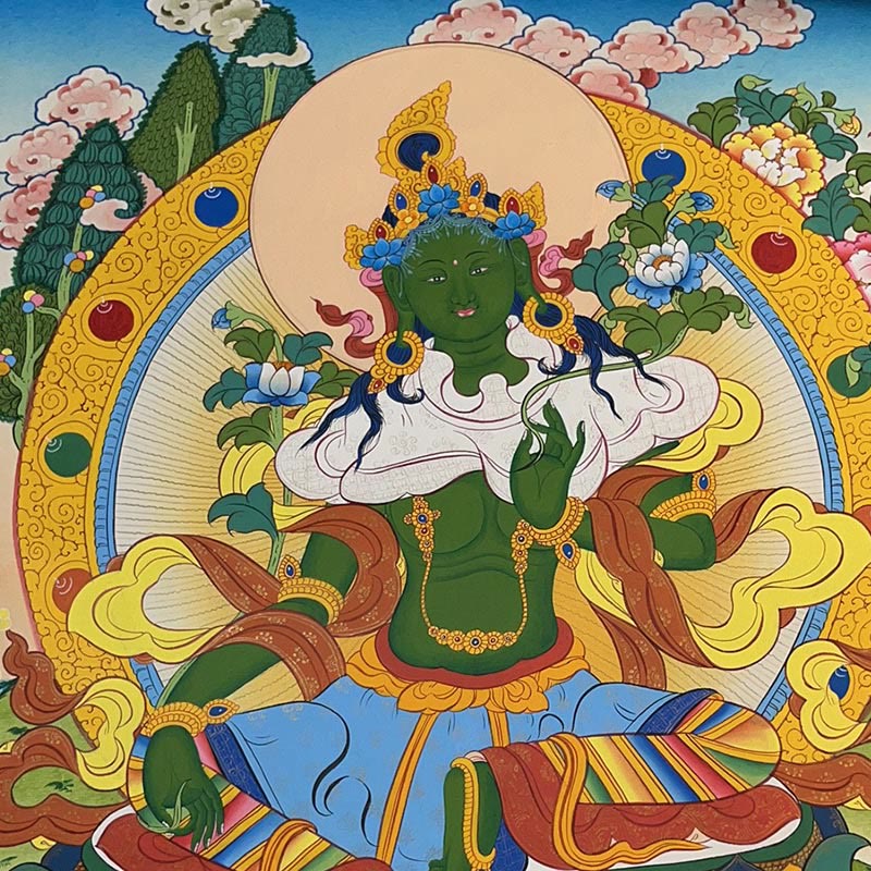 Buddha Stones Tibetan Thangka Painting Yellow God of Wealth Green Tara Avalokitesvara Handmade Decoration Blind Box(Random Style)