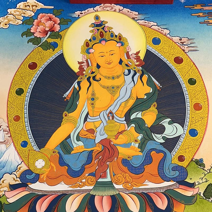 Buddha Stones Tibetan Thangka Painting Yellow God of Wealth Green Tara Avalokitesvara Handmade Decoration Blind Box(Random Style)