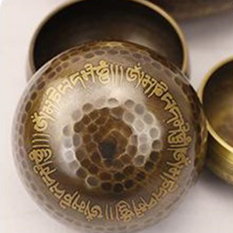 Buddha Stones Handcrafted Singing Bowl Scripture Pattern for Healing and Meditation Sound Bowl Set - image 8