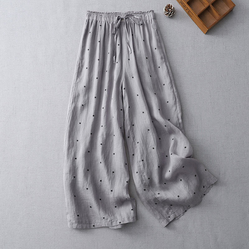 Buddha Stones Summer Casual Polka Dot Pattern Design Cotton Linen Women's Wide Leg Pants With Pockets - DarkGray - US8-10，UK/AU12-14，EU40-42 (2XL) - image 0