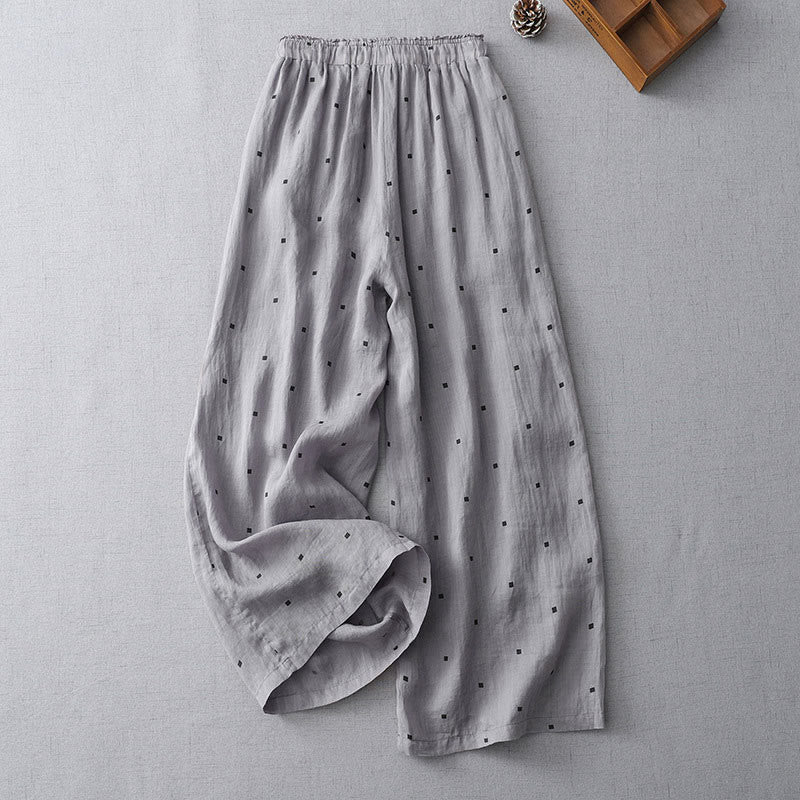 Buddha Stones Summer Casual Polka Dot Pattern Design Cotton Linen Women's Wide Leg Pants With Pockets - image 1