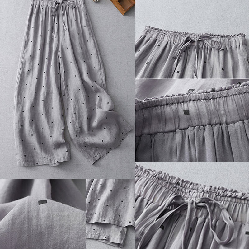 Buddha Stones Summer Casual Polka Dot Pattern Design Cotton Linen Women's Wide Leg Pants With Pockets - image 8