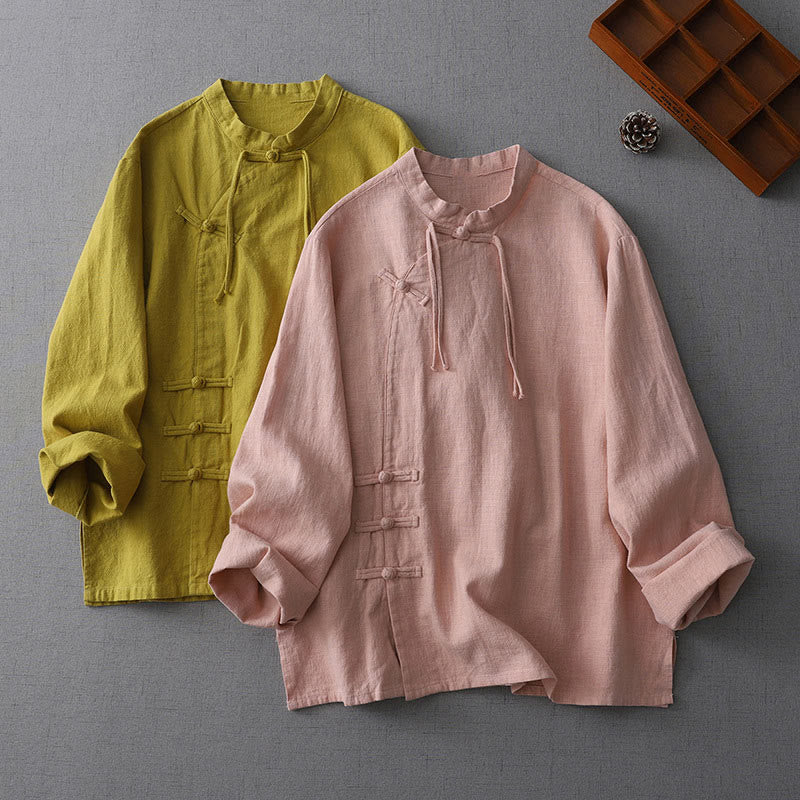 Buddha Stones Vintage Chinese Frog-Button Design Stand Collar Zen Women's Long Sleeve Cotton Linen Shirt - image 7