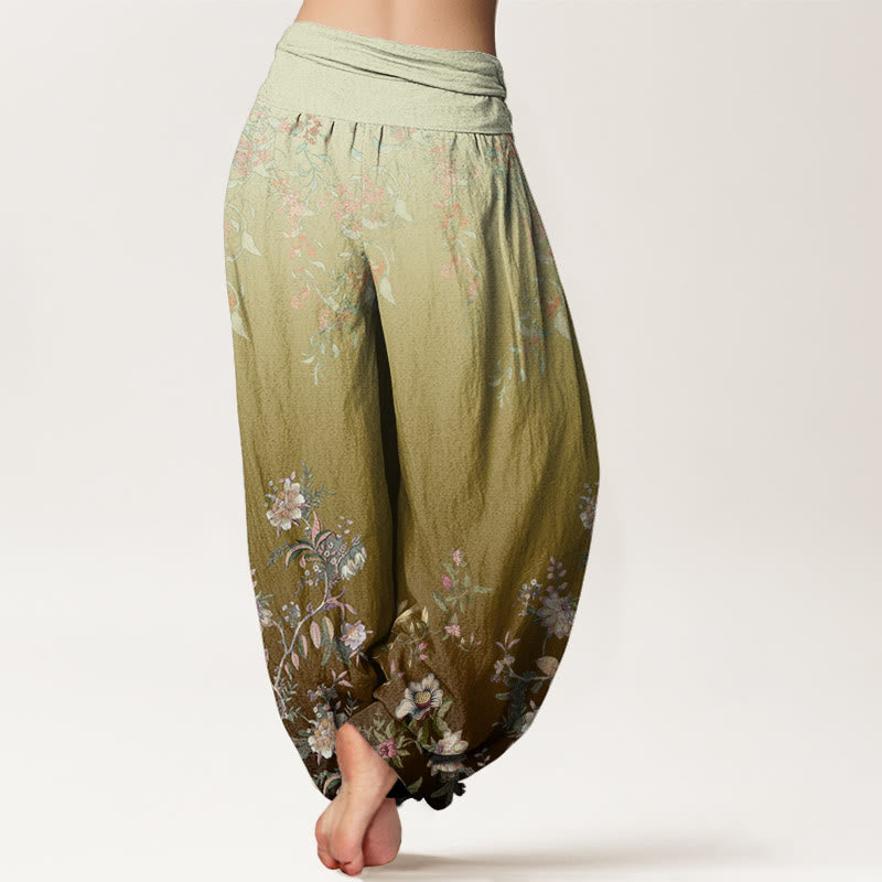 Buddha Stones Cotton Casual Gradient Delicate Floral Leaf Pattern Women's Elastic Waist Harem Pants - image 8