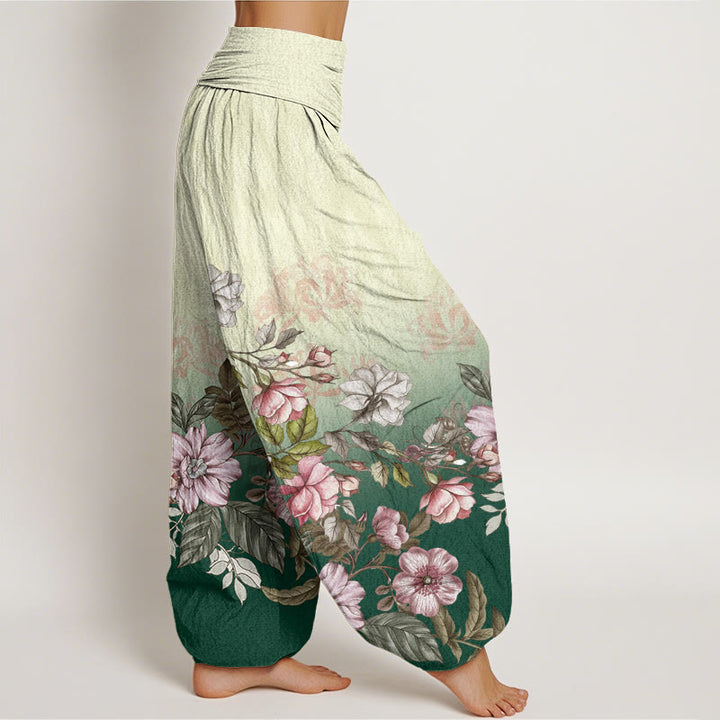 Buddha Stones Cotton Casual Gradient Petals Leaves Pattern Women's Elastic Waist Harem Pants - image 1