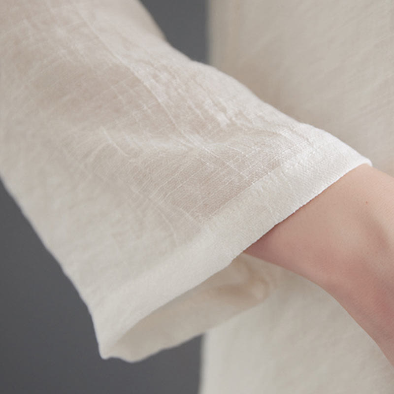 Buddha Stones 2Pcs Beige Chinese Frog-Button Design Long Sleeve Shirt Top Pants Meditation Zen Tai Chi Cotton Linen Clothing Women's Set - image 11