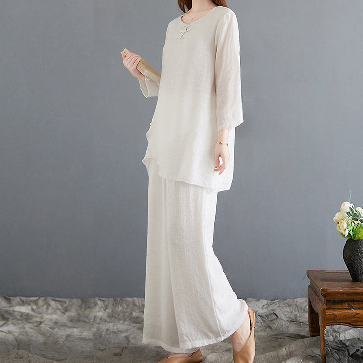 Buddha Stones 2Pcs Beige Chinese Frog-Button Design Long Sleeve Shirt Top Pants Meditation Zen Tai Chi Cotton Linen Clothing Women's Set - image 5