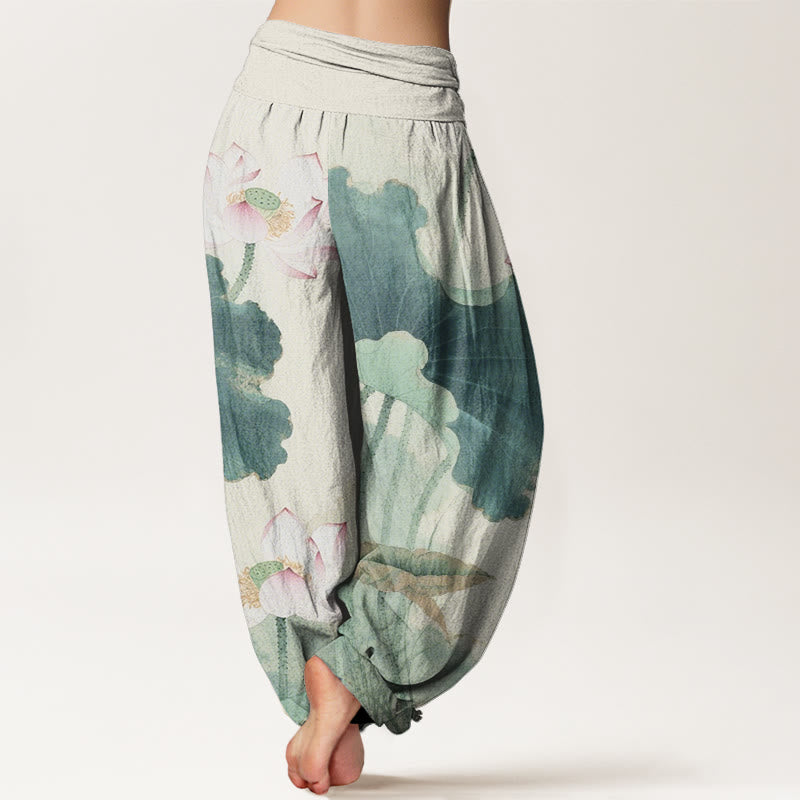 Buddha Stones Cotton Casual Lotus Petal Pods Pattern Women's Elastic Waist Harem Pants - image 2