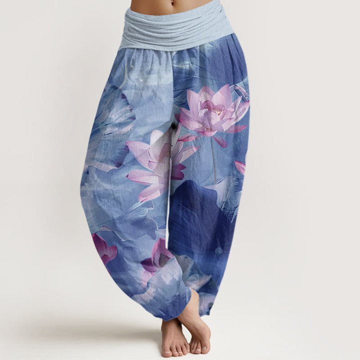 Buddha Stones Cotton Casual Lotus Petal Pond Pattern Women's Elastic Waist Harem Pants - CornflowerBlue - US22，UK/AU26，EU54 (6XL) - image 7