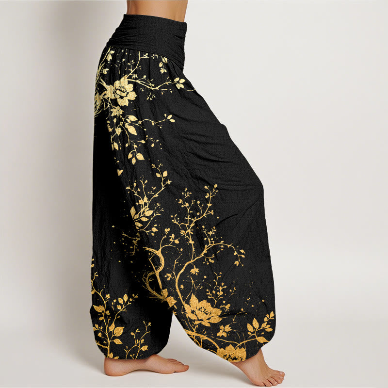 Buddha Stones Cotton Casual Dragon Flower Leaf Pattern Women's Elastic Waist Harem Pants - image 1