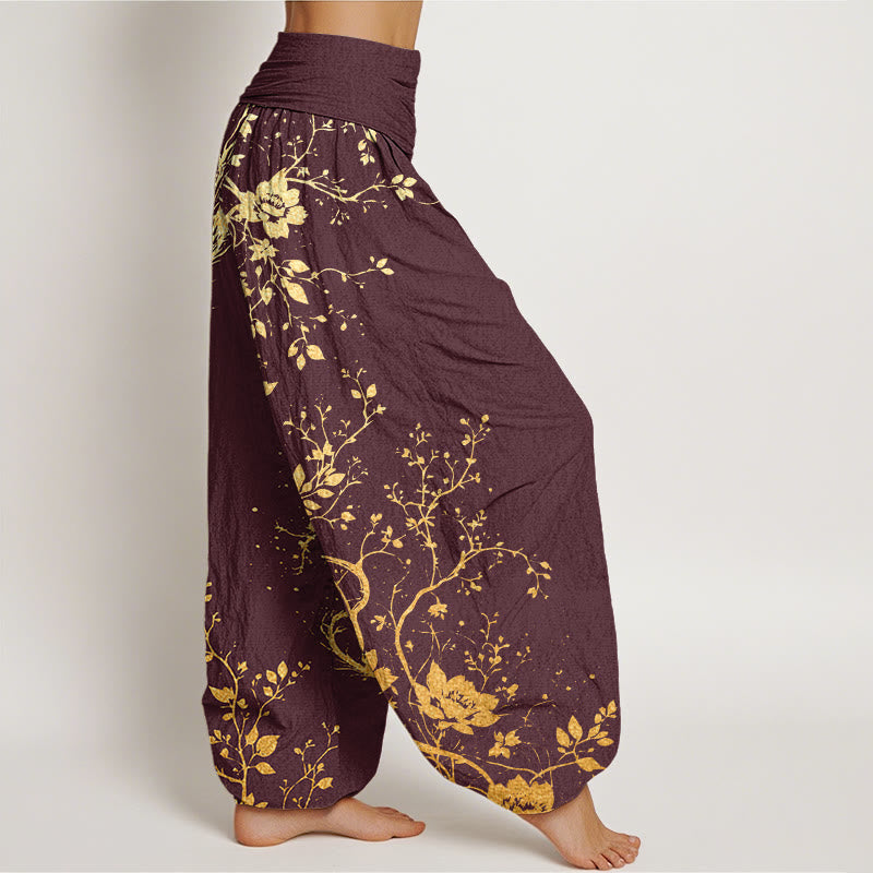 Buddha Stones Cotton Casual Dragon Flower Leaf Pattern Women's Elastic Waist Harem Pants - image 5