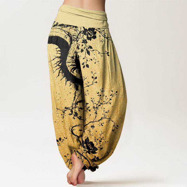 Buddha Stones Cotton Casual Dragon Flower Leaf Pattern Women's Elastic Waist Harem Pants - image 9