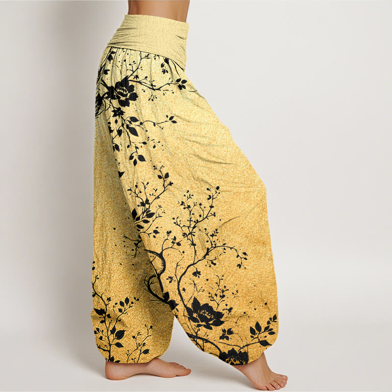 Buddha Stones Cotton Casual Dragon Flower Leaf Pattern Women's Elastic Waist Harem Pants - image 8