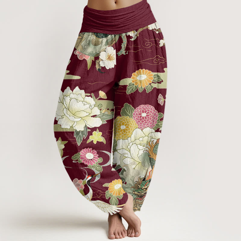 Buddha Stones Cotton Casual Dragon Red-crowned Crane Peony Flower Pattern Women's Elastic Waist Harem Pants - Maroon - US22，UK/AU26，EU54 (6XL) - image 0