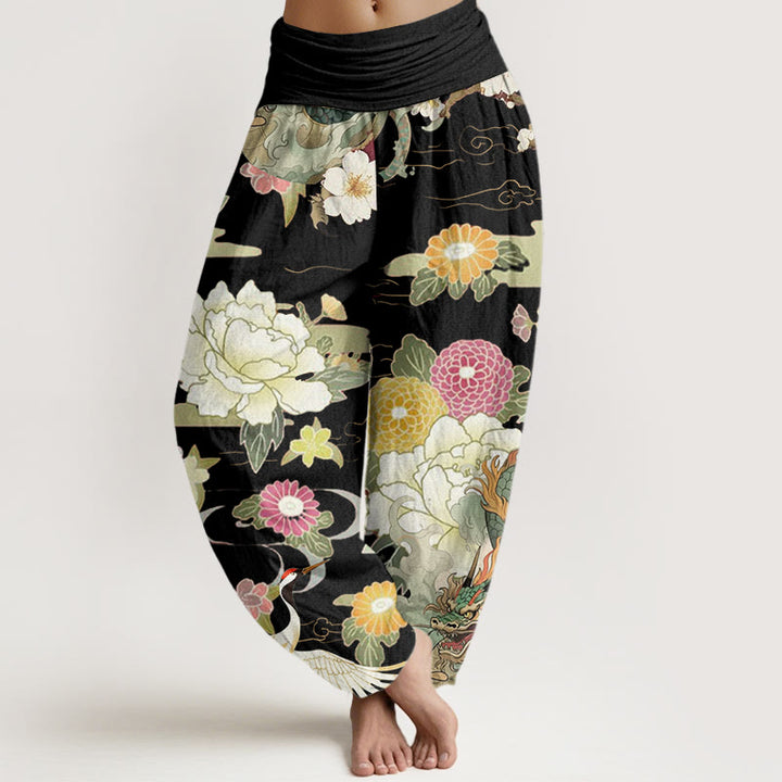 Buddha Stones Cotton Casual Dragon Red-crowned Crane Peony Flower Pattern Women's Elastic Waist Harem Pants - Black - US22，UK/AU26，EU54 (6XL) - image 4