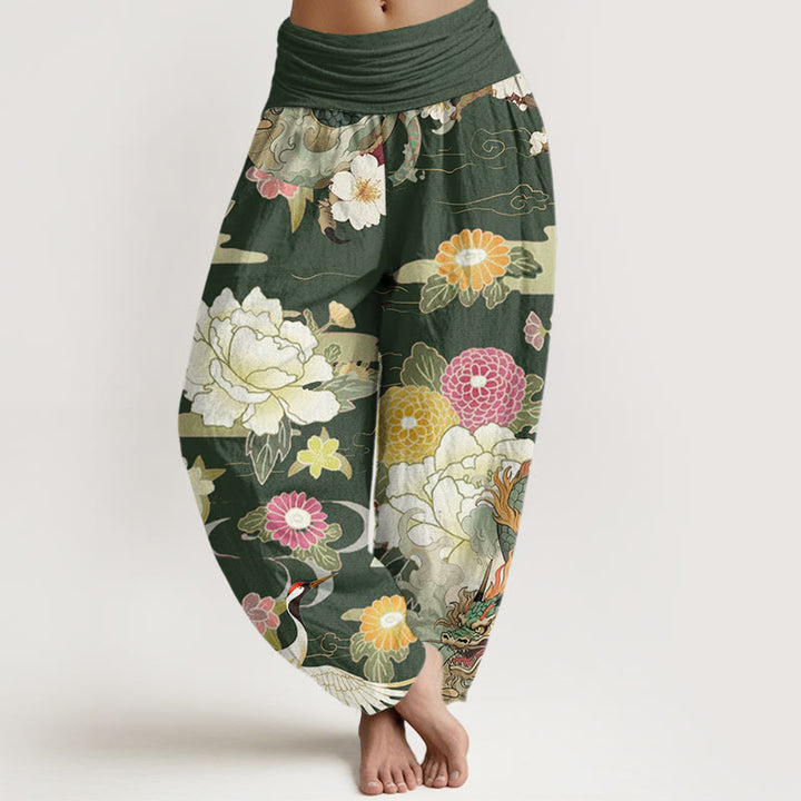Buddha Stones Cotton Casual Dragon Red-crowned Crane Peony Flower Pattern Women's Elastic Waist Harem Pants - OliveDrab - US22，UK/AU26，EU54 (6XL) - image 7