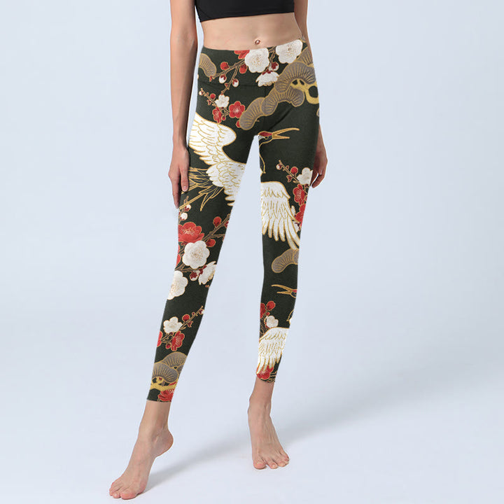 Buddha Stones Red Crowned Cranes Plum Blossoms Branches Pattern Print Gym Leggings Women's Yoga Pants - image 5