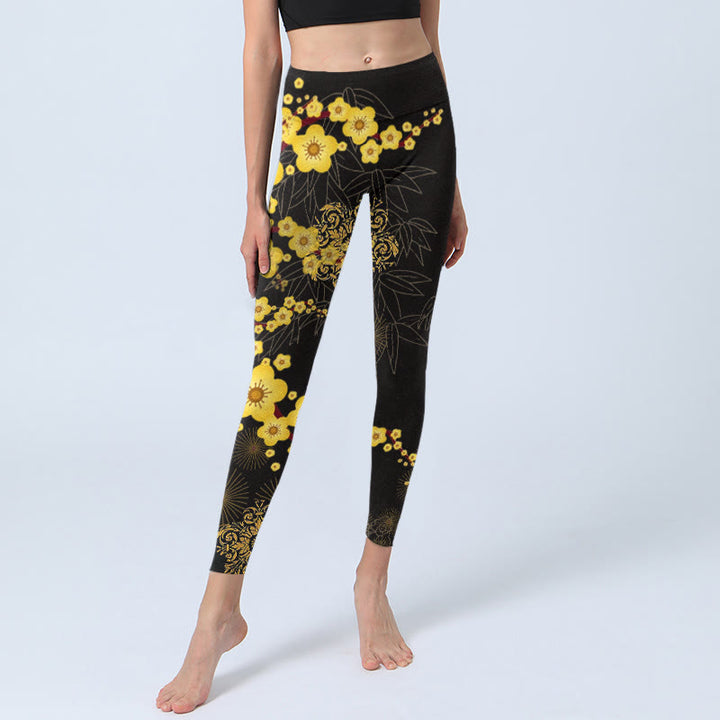 Buddha Stones Yellow Cherry Blossoms Bamboo Leaves Firework Pattern Print Gym Leggings Women's Yoga Pants - image 5