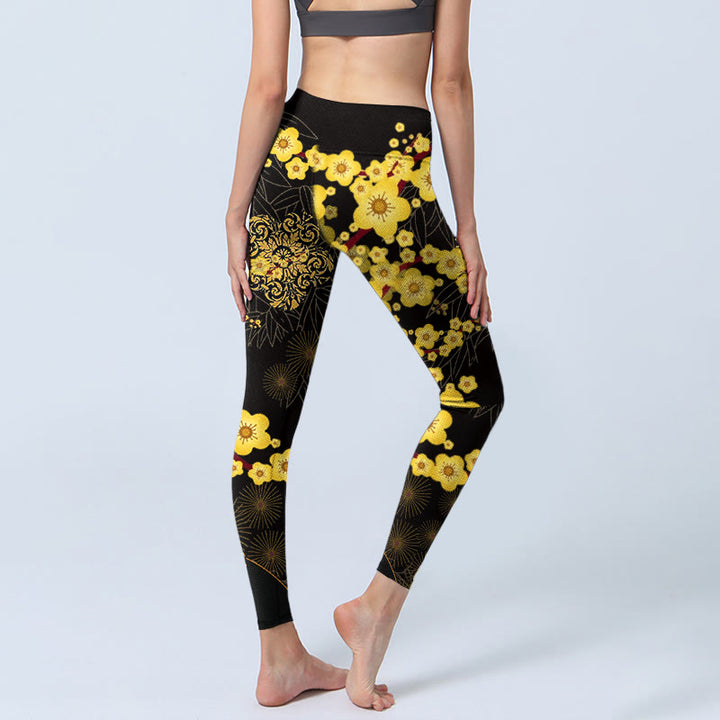 Buddha Stones Yellow Cherry Blossoms Bamboo Leaves Firework Pattern Print Gym Leggings Women's Yoga Pants - image 4