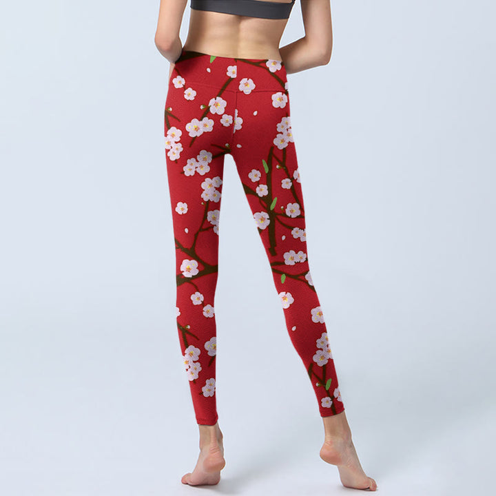 Buddha Stones Plum Blossoms Branches Leaves Pattern Print Gym Leggings Women's Yoga Pants - image 6