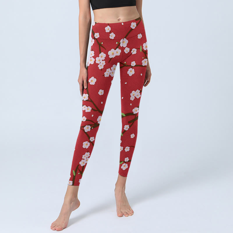 Buddha Stones Plum Blossoms Branches Leaves Pattern Print Gym Leggings Women's Yoga Pants - image 5