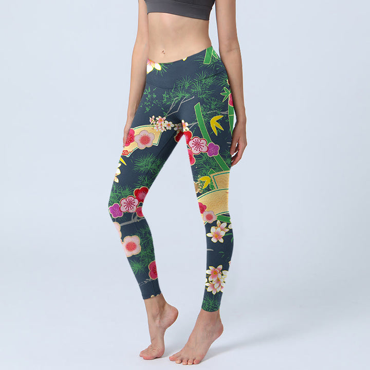 Buddha Stones Cherry Blossoms Bamboo Pine Tree Print Gym Leggings Women's Yoga Pants - DarkGreen - US18，UK/AU22，EU50 (4XL) - image 1