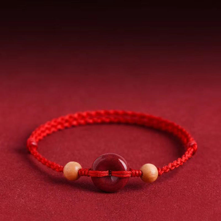 Buddha Stones Peach Wood Peace Buckle Cinnabar Wealth String Bracelet Anklet
