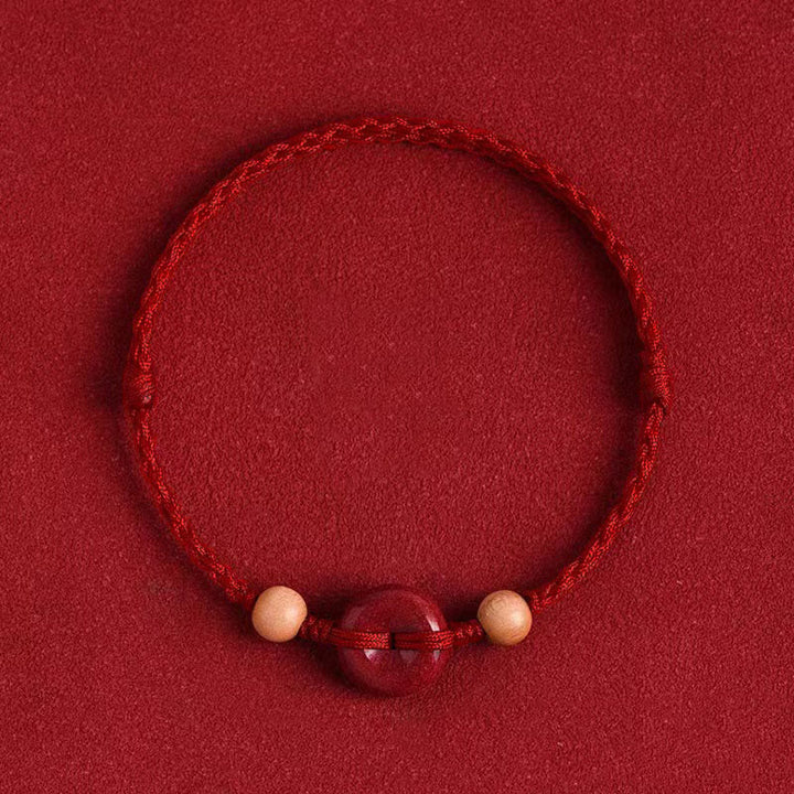 Buddha Stones Peach Wood Peace Buckle Cinnabar Wealth String Bracelet Anklet