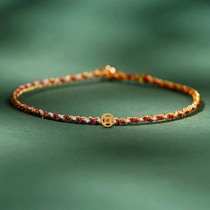 Buddha Stones Colorful Rope Luck Coin Bead Abundance Extra Thin Braided Bracelet - Red - Rope With Copper Coin - 20cm - image 7