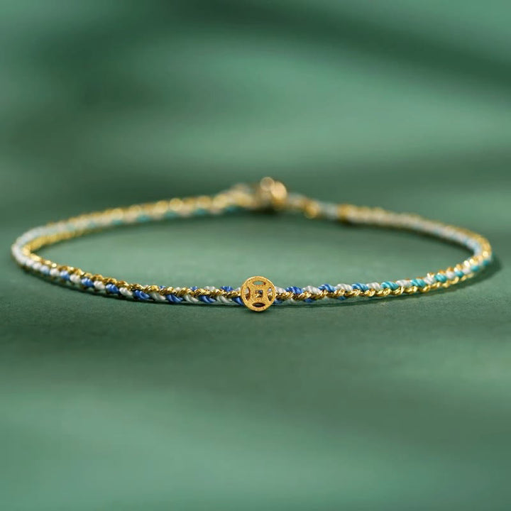 Buddha Stones Colorful Rope Luck Coin Bead Abundance Extra Thin Braided Bracelet - Blue - Rope With Copper Coin - 20cm - image 14