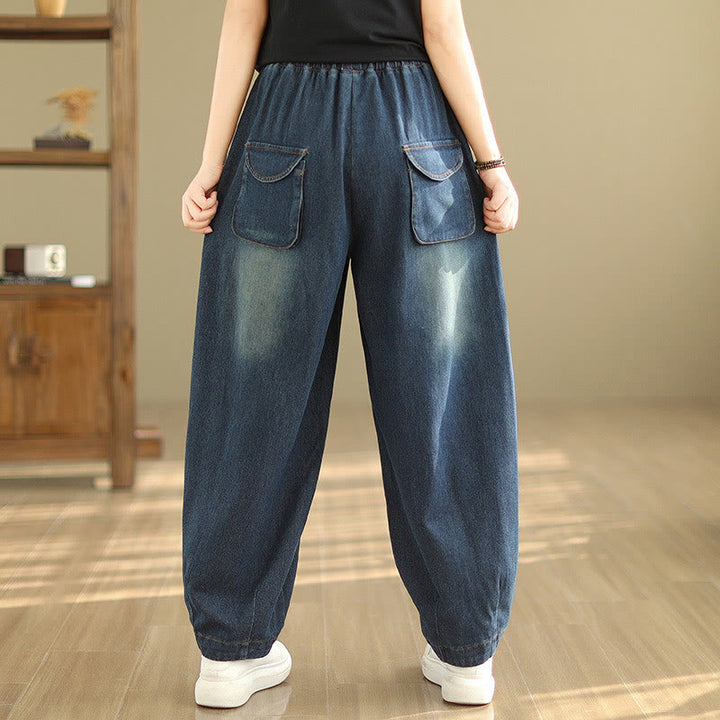 Buddha Stones Casual DarkSlateBlue Plain Drawstring Cotton Women's Harem Pants With Pockets - image 3