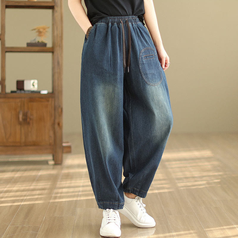 Buddha Stones Casual DarkSlateBlue Plain Drawstring Cotton Women's Harem Pants With Pockets - image 4