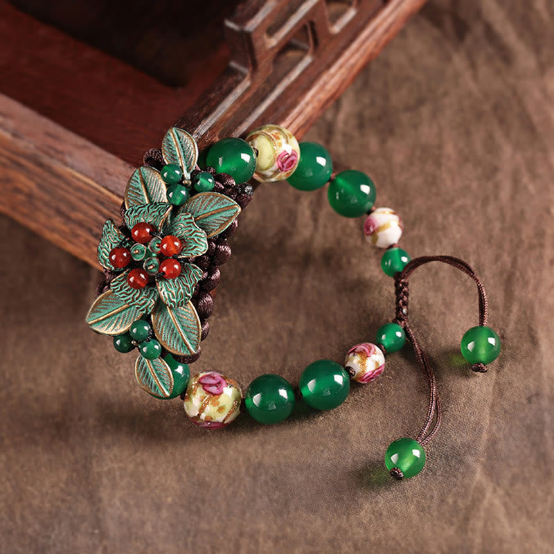 Buddha Stones Green Agate Glass Flower Beads Braided Knot Support Bracelet