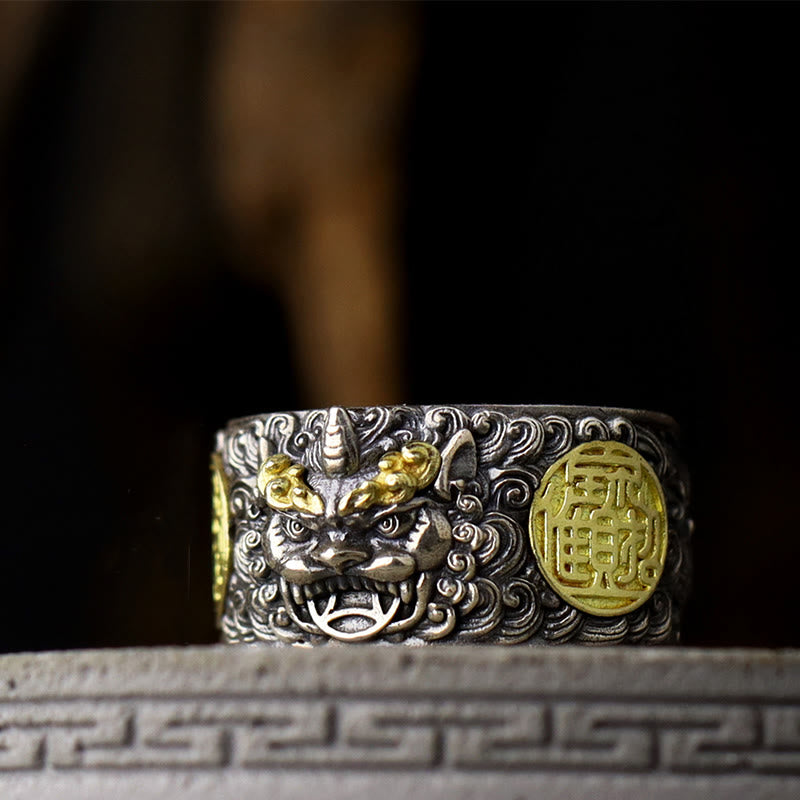 Buddha Stones 925 Sterling Silver PiXiu Copper Coin Brass Wealth Luck Adjustable Ring - image 12