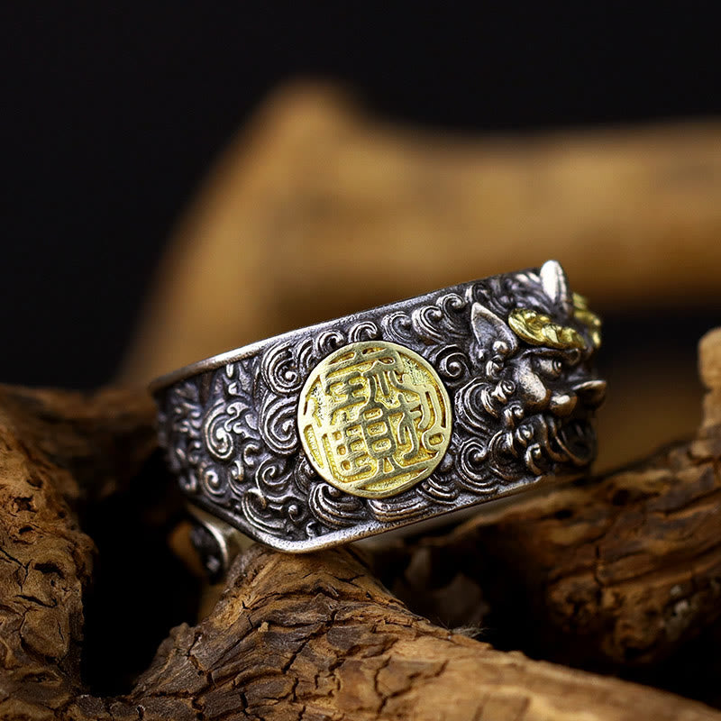Buddha Stones 925 Sterling Silver PiXiu Copper Coin Brass Wealth Luck Adjustable Ring - image 2
