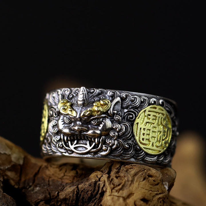 Buddha Stones 925 Sterling Silver PiXiu Copper Coin Brass Wealth Luck Adjustable Ring - US12-US15 - image 0