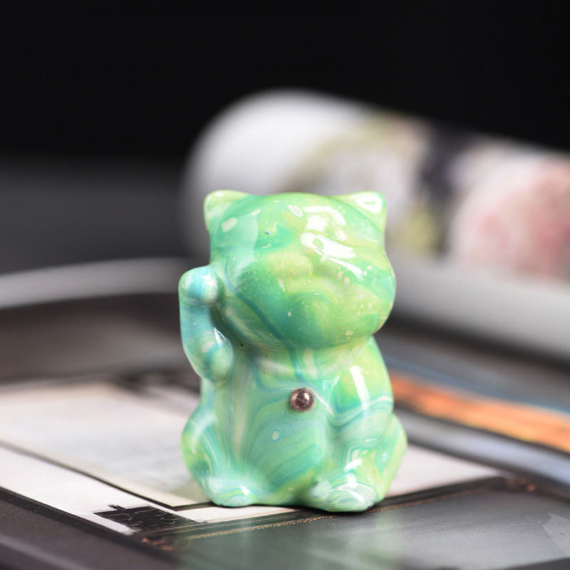 Buddha Stones Cute Mini Cat Rosewood Lacquer Craft Warmth Decoration Random Color(Blind Box) - Green Series(Random Green Color) - image 8