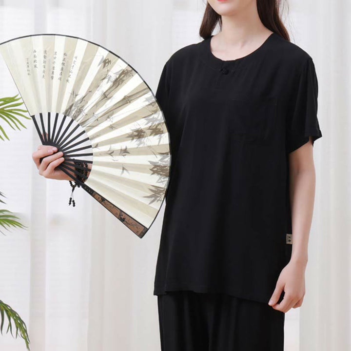 Buddha Stones 2pcs Plain Color Frog-Button Simple Design Crew Neck Design Half Sleeve Shirt Top Elastic Waist Pants Meditation Zen Tai Chi Cotton Clothing Women's Set - image 22